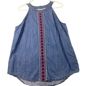 EST 1948 Chambray Top Womens Large Blue Aztec Sleeveless Swing Embroidered